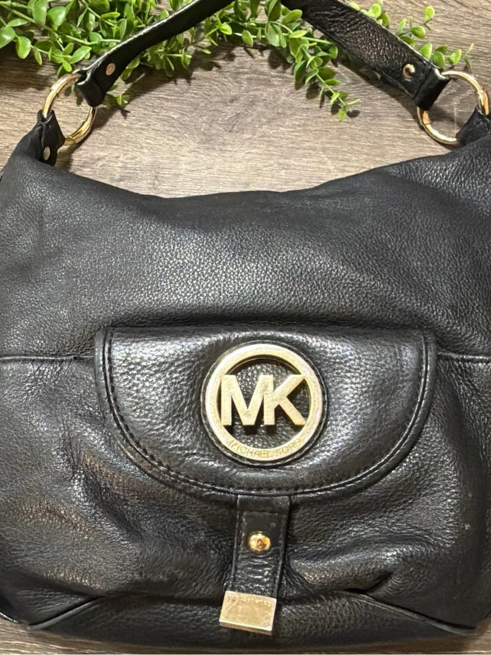 Michael Kors Black Pebbled Leather Hobo Bag MK Logo Shoulder Purse